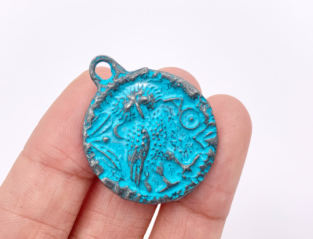 25mm Pewter Owl Coin Charms Carved Double Sided Blue Patina Pendant  8 PCS