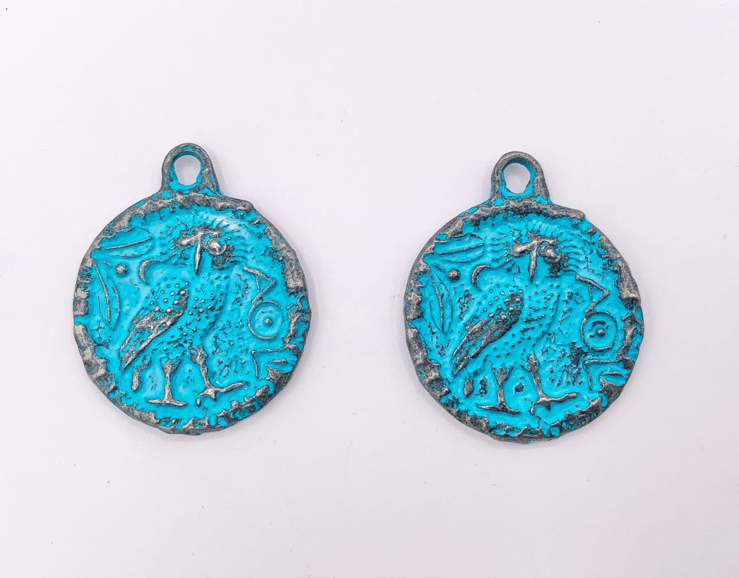 25mm Pewter Owl Coin Charms Carved Double Sided Blue Patina Pendant  8 PCS