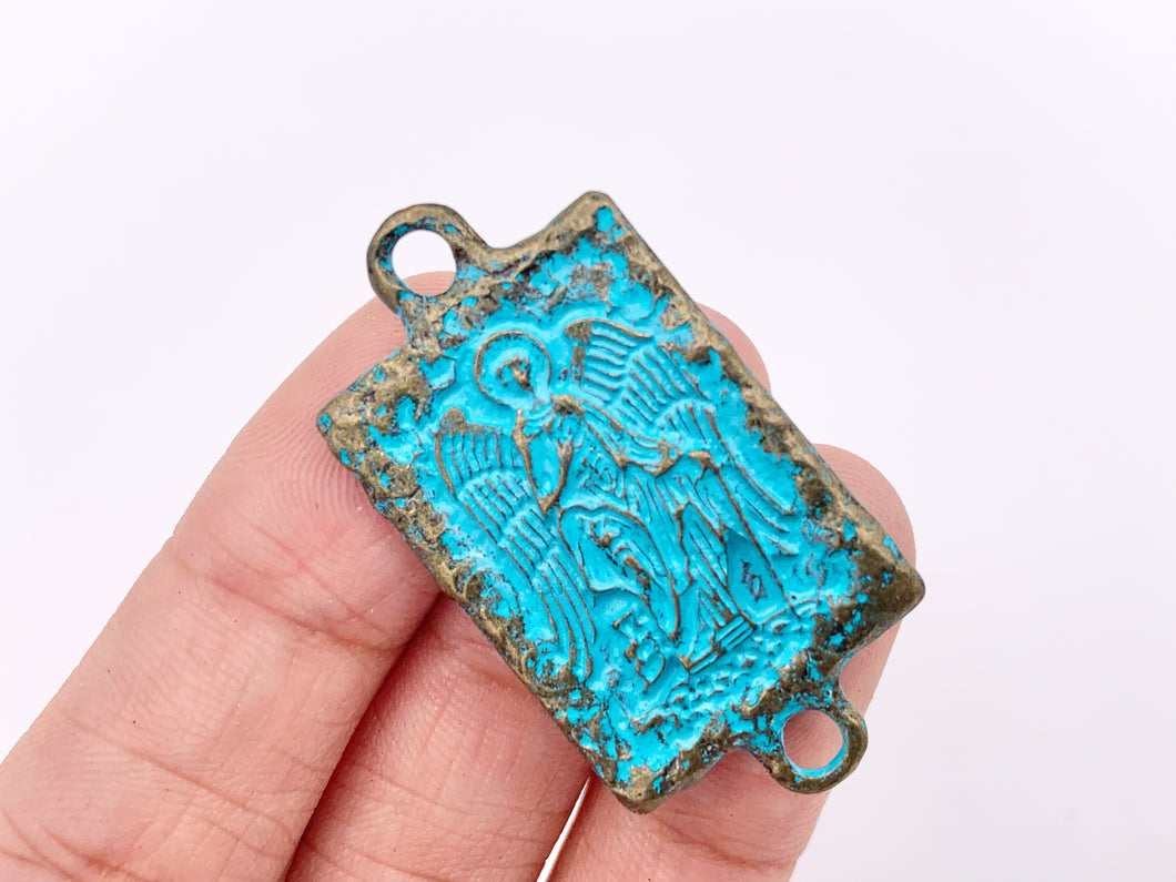 20x28mm Pewter Religious Rectangle Connectors Carved Double Sided Blue Patina Pendant 8 PCS