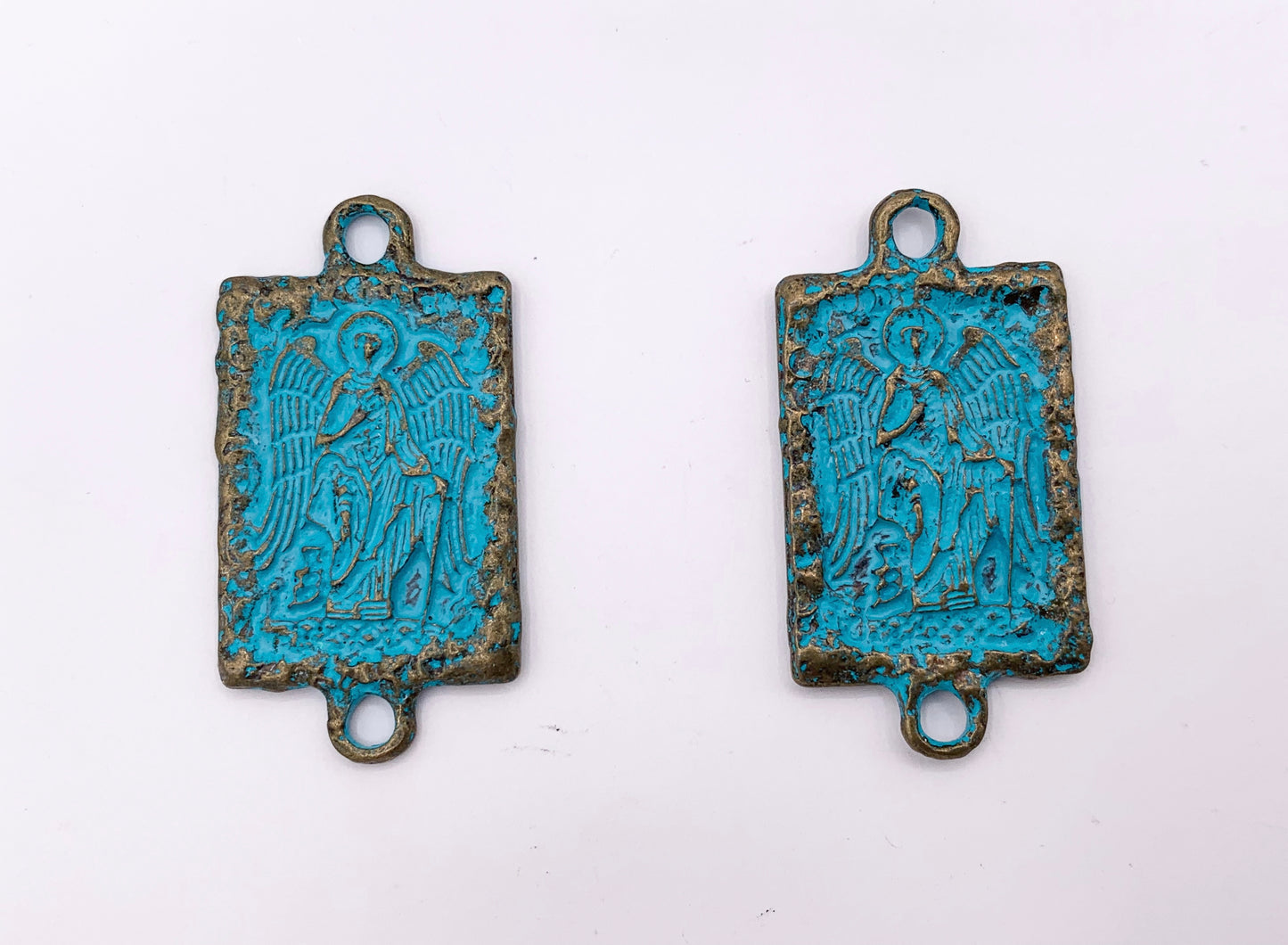 20x28mm Pewter Religious Rectangle Connectors Carved Double Sided Blue Patina Pendant 8 PCS