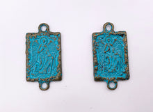 Load image into Gallery viewer, 20x28mm Pewter Religious Rectangle Connectors Carved Double Sided Blue Patina Pendant 8 PCS
