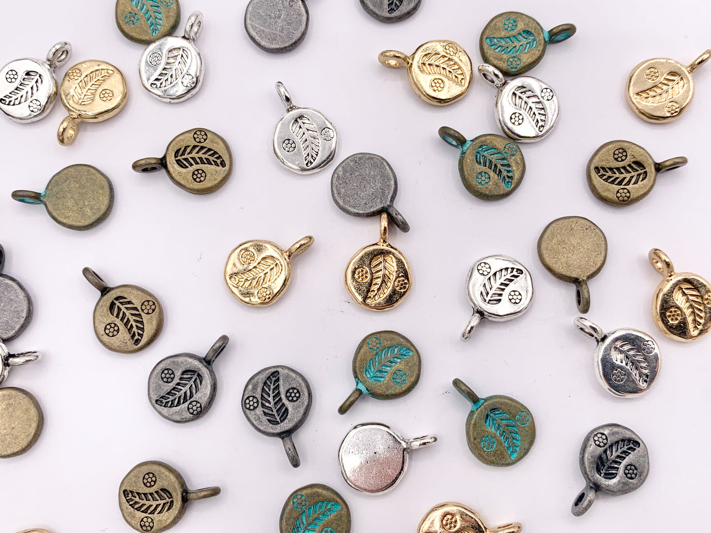 10mm Pewter Small Leaf Coin Charms in Gold, Silver, Bronze, Gunmetal & Blue Patina