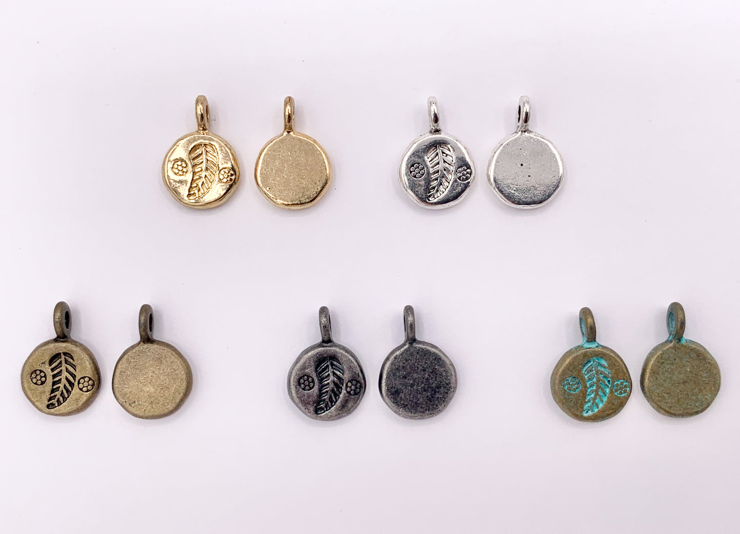 10mm Pewter Small Leaf Coin Charms in Gold, Silver, Bronze, Gunmetal & Blue Patina