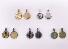 Load image into Gallery viewer, 10mm Pewter Small Leaf Coin Charms in Gold, Silver, Bronze, Gunmetal &amp; Blue Patina
