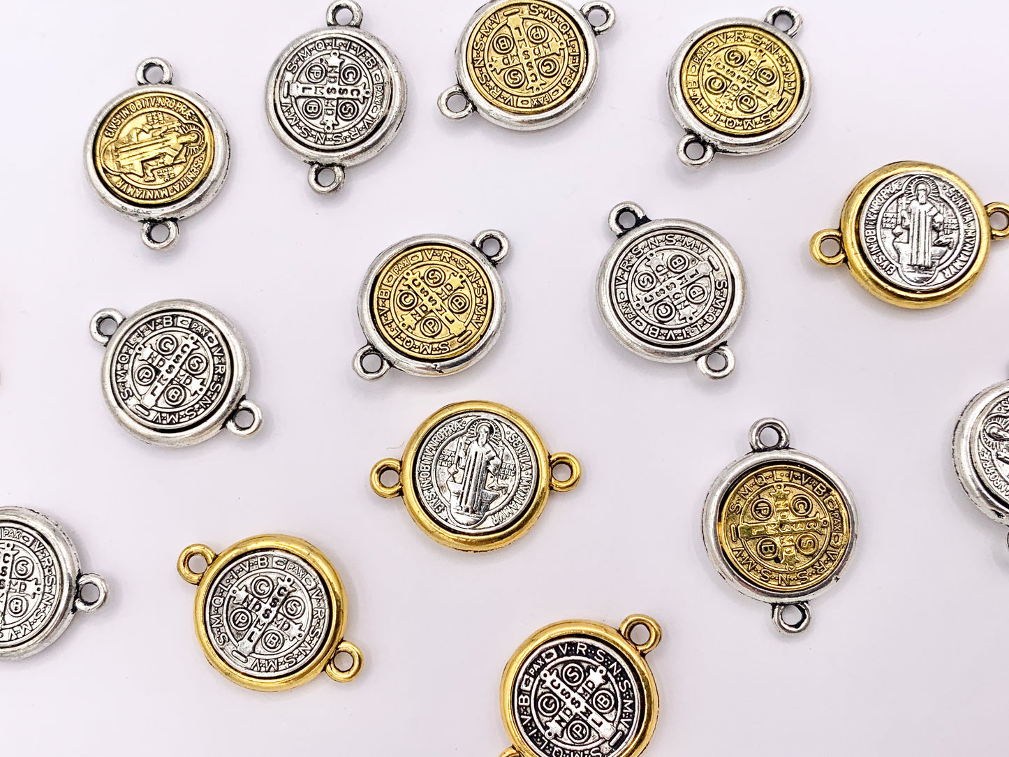 15mm Pewter St Benedict Connectors 2 Tone Religious Pendants with 2 Loops 25 PCS