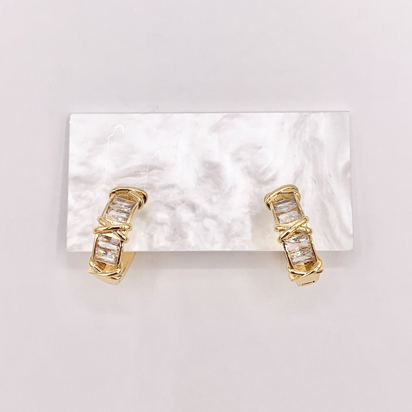 20mm Baguette Earring Hoop Huggies in CZ Pave Real Gold 18K Over Copper 4 PAIRS