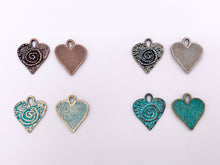 Load image into Gallery viewer, 17x19mm Pewter Swirl Heart Charms Valentine&#39;s Day Heart Pendants in Gold, Rosy Gold, Silver, Bronze, Copper, Gunmetal and Blue Patina Color
