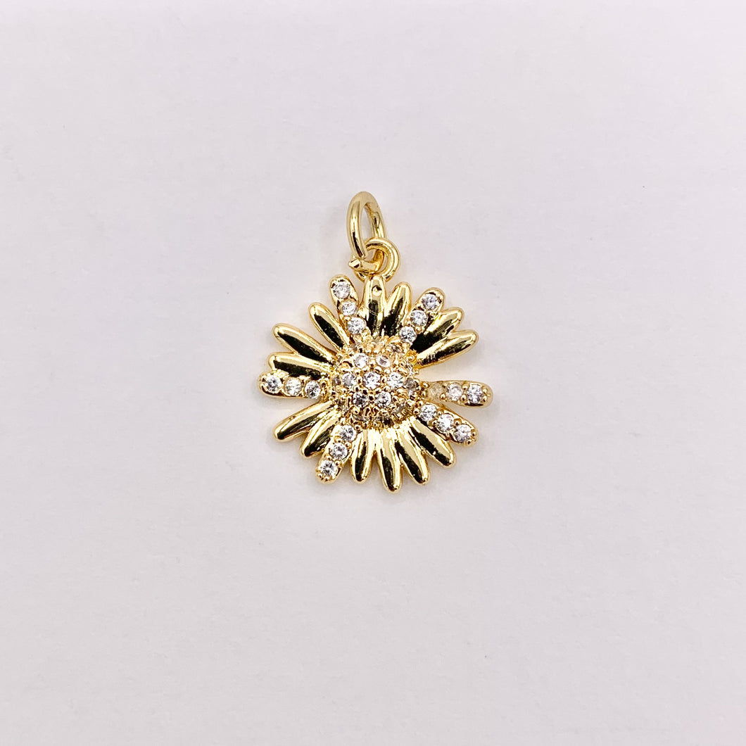 Real Gold 18K Plated Micro CZ Clear Daisy Flower Pave Charm Over Brass 10 PCS