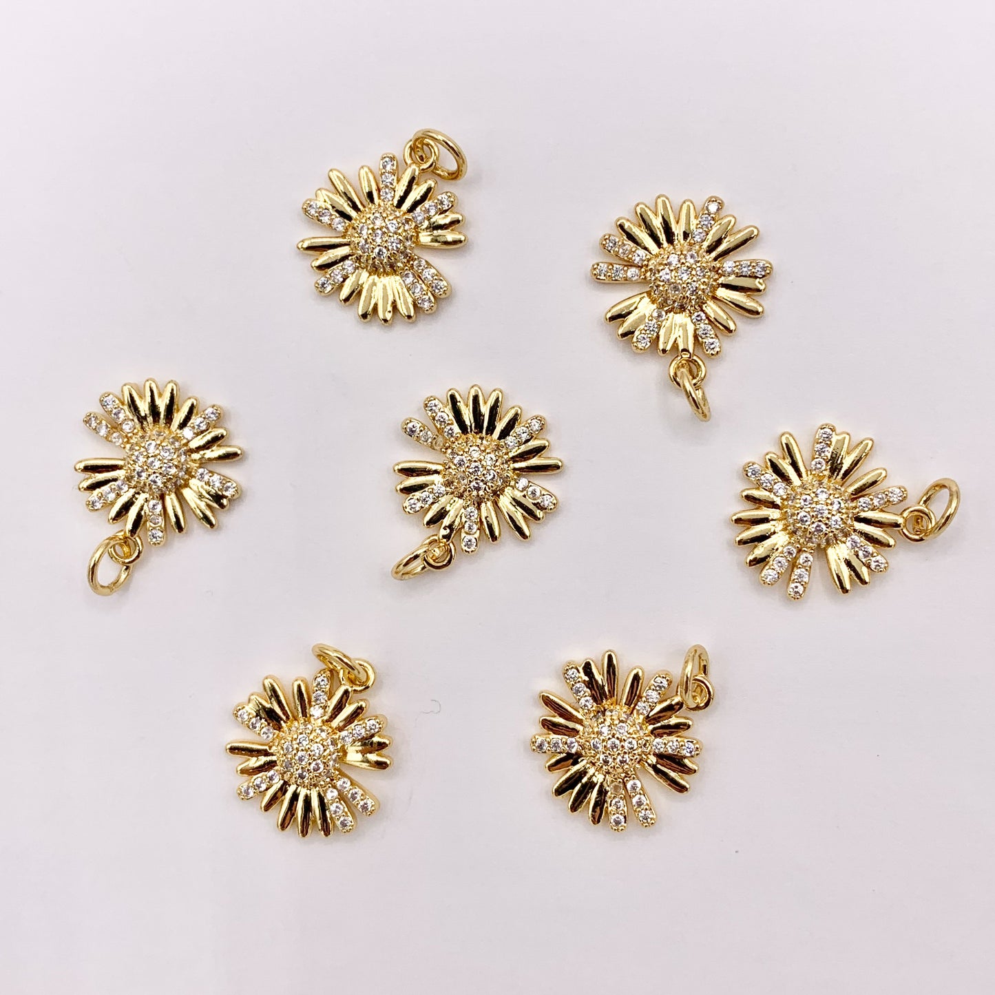 Real Gold 18K Plated Micro CZ Clear Daisy Flower Pave Charm Over Brass 10 PCS