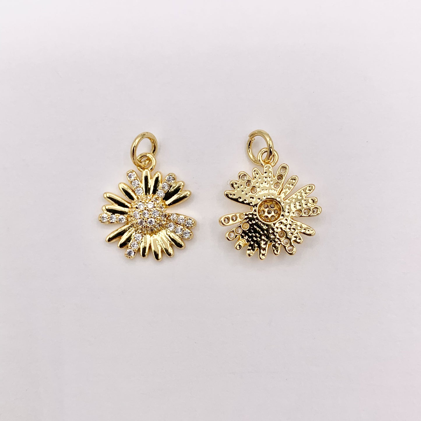 Real Gold 18K Plated Micro CZ Clear Daisy Flower Pave Charm Over Brass 10 PCS