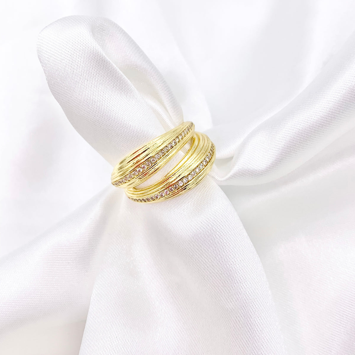 Thick Wrap Adjustable Ring in Real Gold 18K Plated Copper CZ Pave 4 PCS