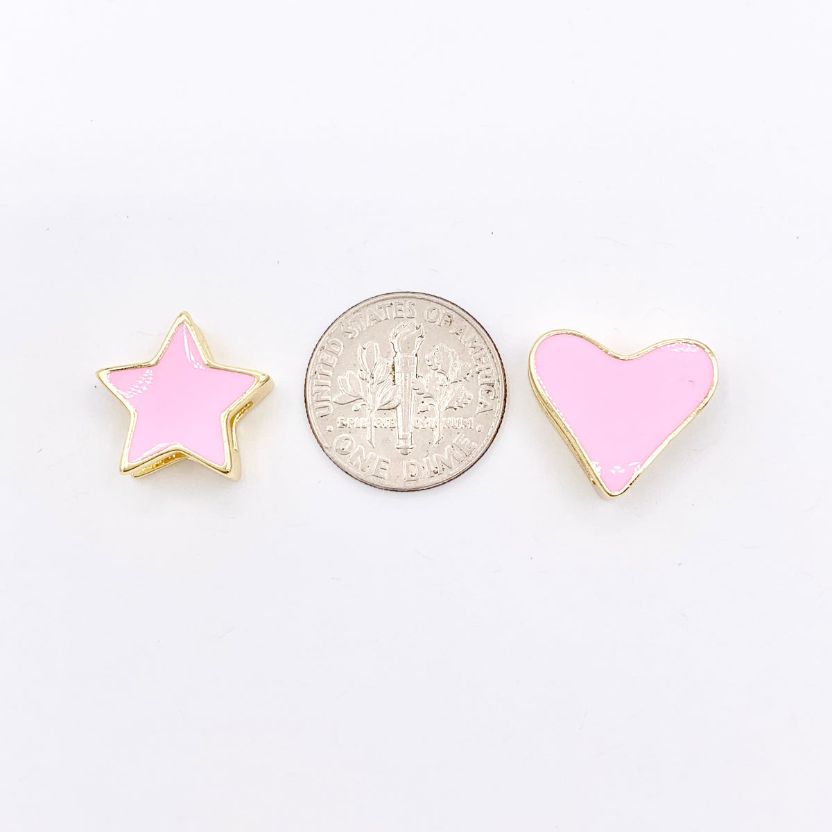 15mm Pink Enamel Heart/Star Slider Charms in 18K Gold plated Copper 10 PCS