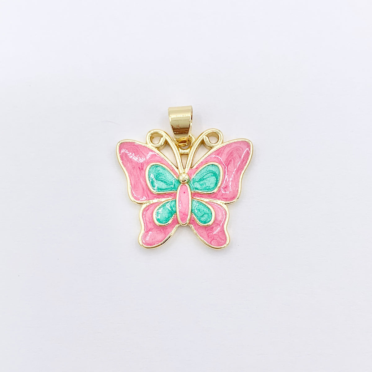 Pink & Green Acetate Butterfly Pendant in Real Gold Plated 18K Over Copper 6 PCS