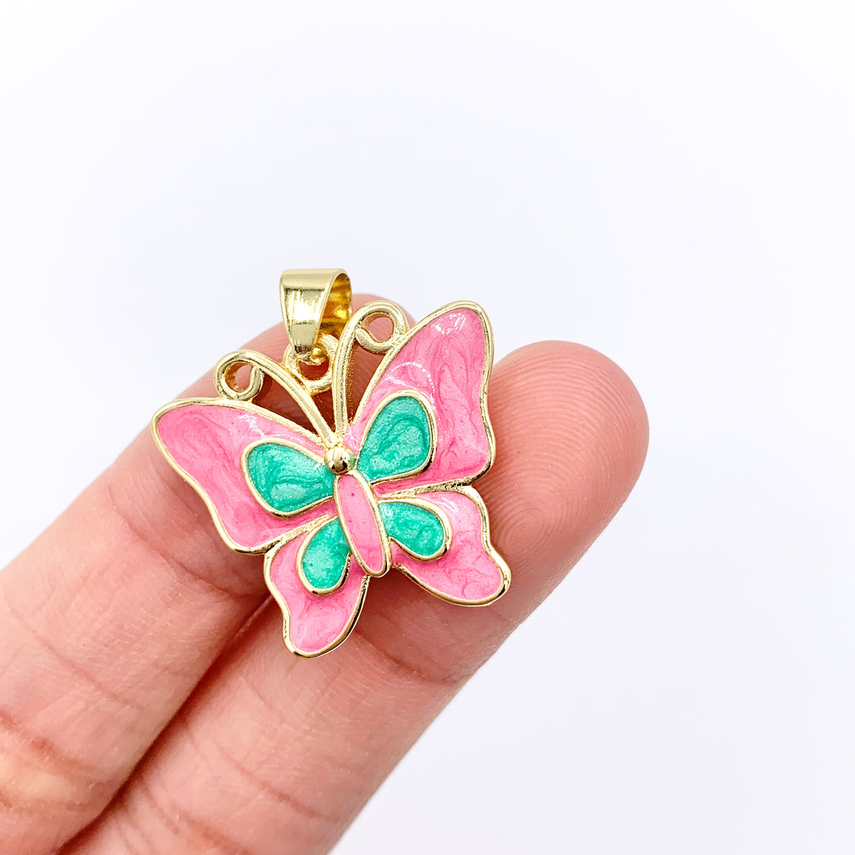 Pink & Green Acetate Butterfly Pendant in Real Gold Plated 18K Over Copper 6 PCS