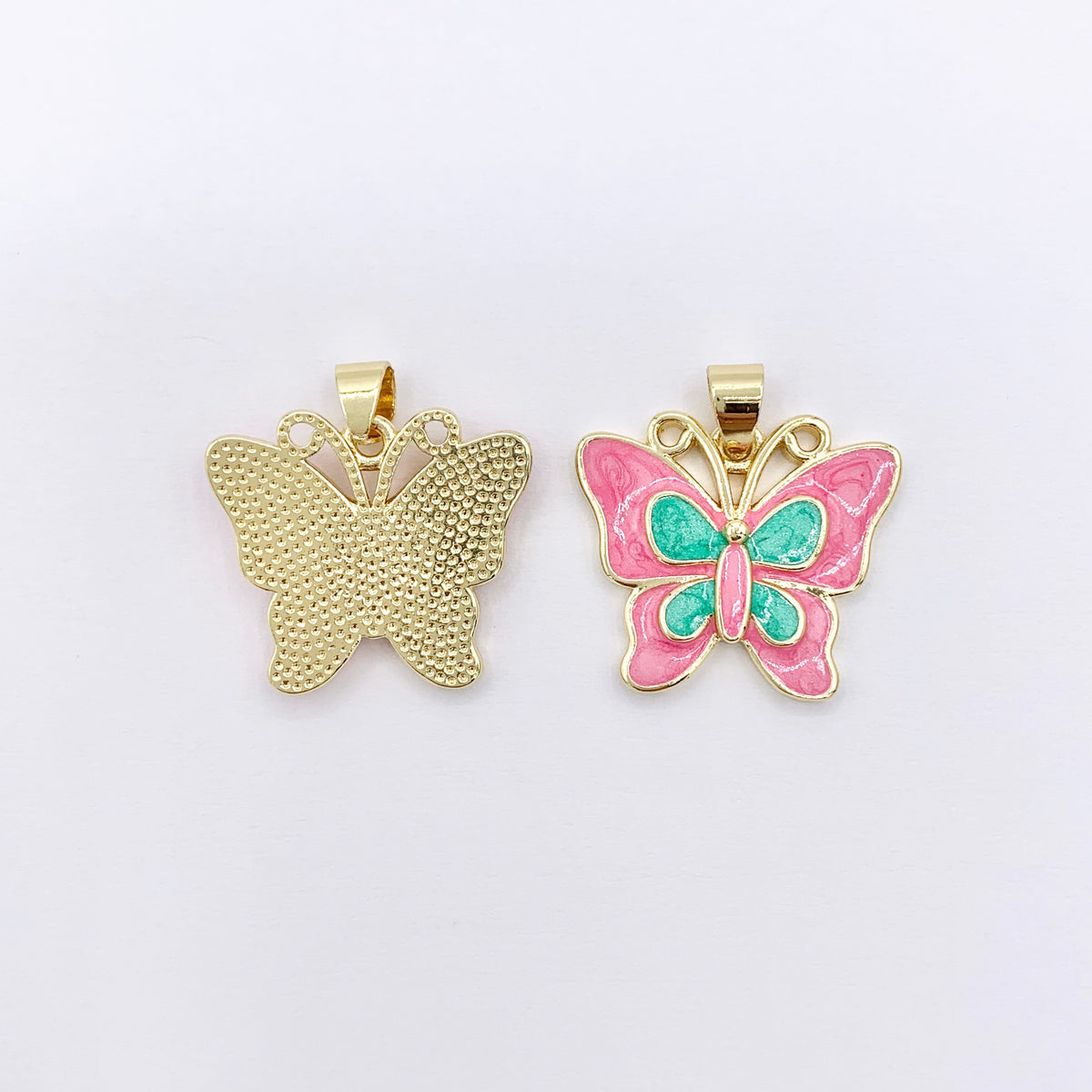 Pink & Green Acetate Butterfly Pendant in Real Gold Plated 18K Over Copper 6 PCS