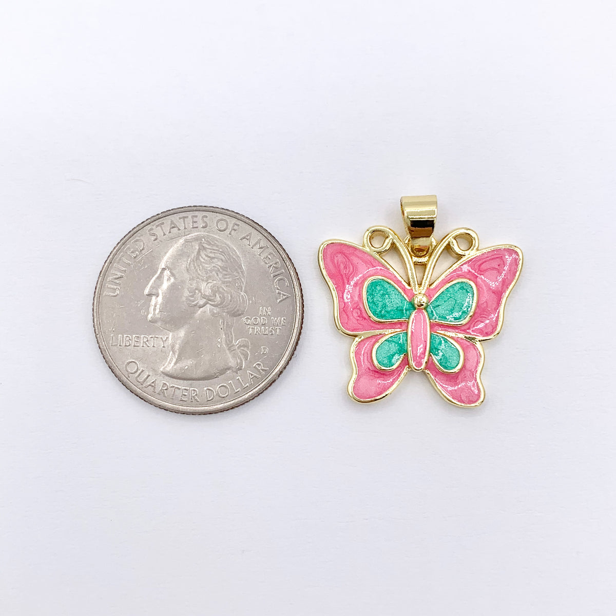 Pink & Green Acetate Butterfly Pendant in Real Gold Plated 18K Over Copper 6 PCS