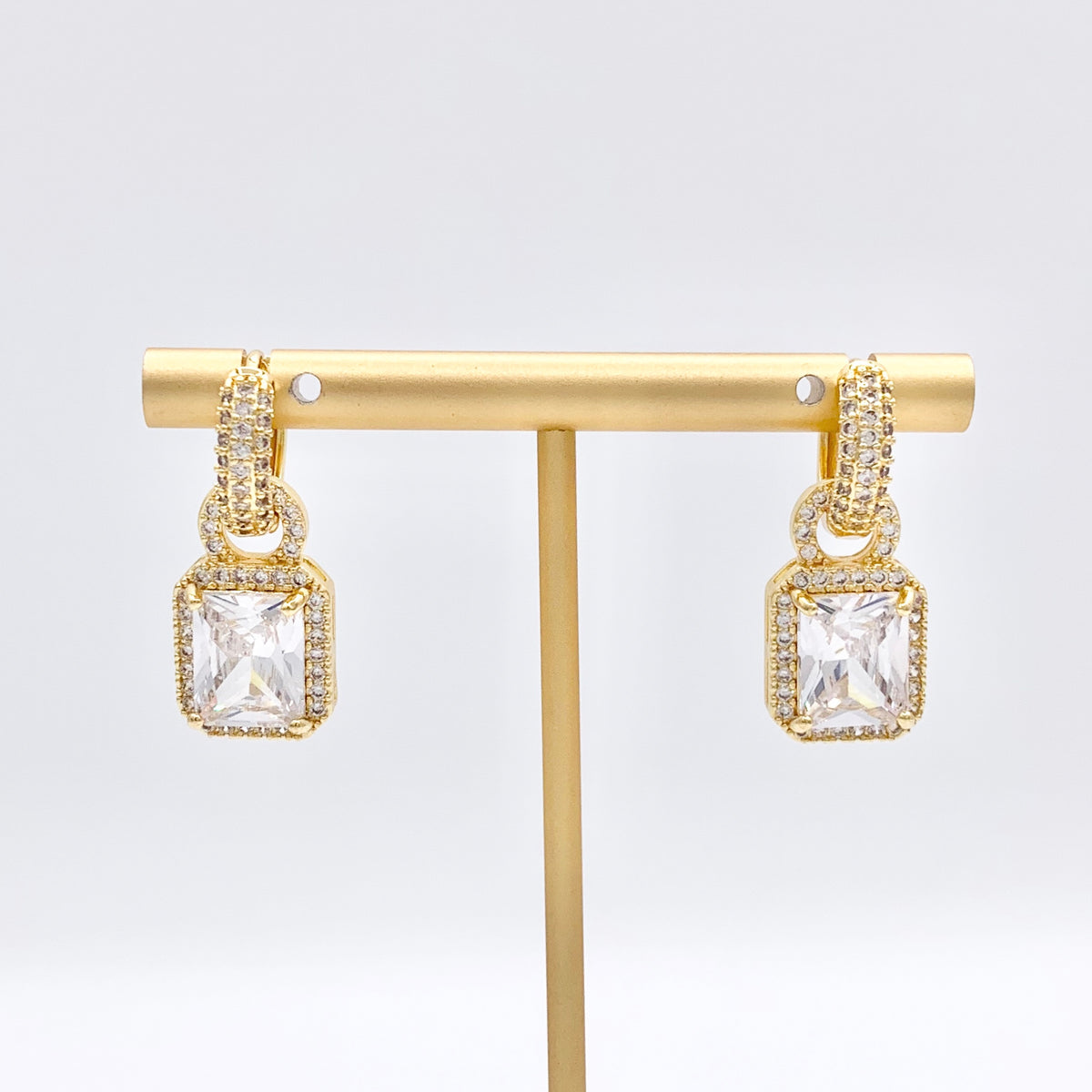 CZ Pave Earring Huggies with Dangle Rectangle Pendant in 18K Gold Plated Copper 3 PAIRS