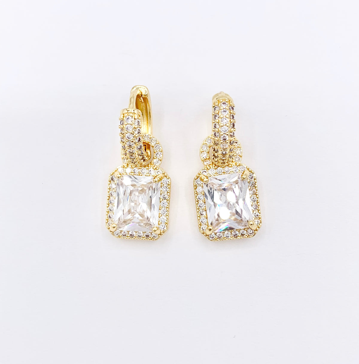 CZ Pave Earring Huggies with Dangle Rectangle Pendant in 18K Gold Plated Copper 3 PAIRS