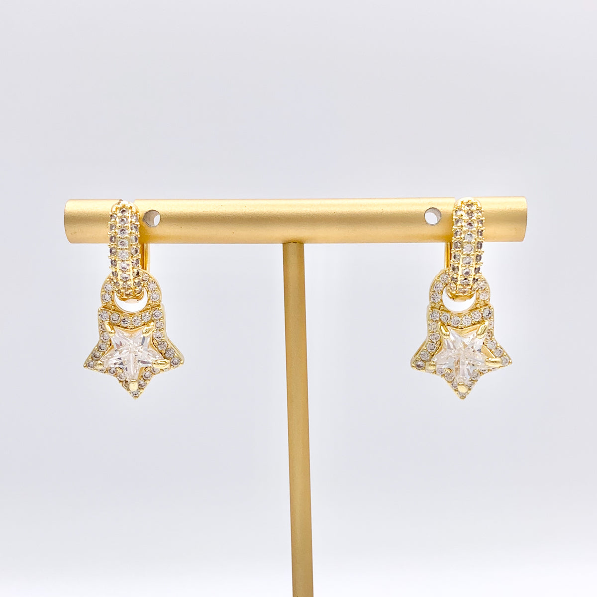CZ Pave Earring Huggies with Dangle Star Pendant in 18K Gold Plated Copper 3 PAIRS