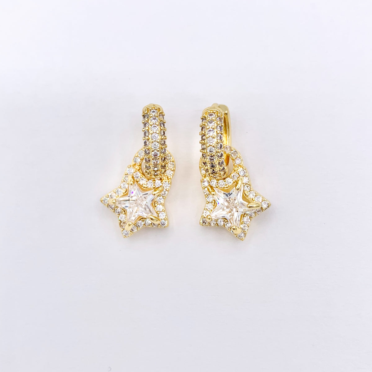 CZ Pave Earring Huggies with Dangle Star Pendant in 18K Gold Plated Copper 3 PAIRS
