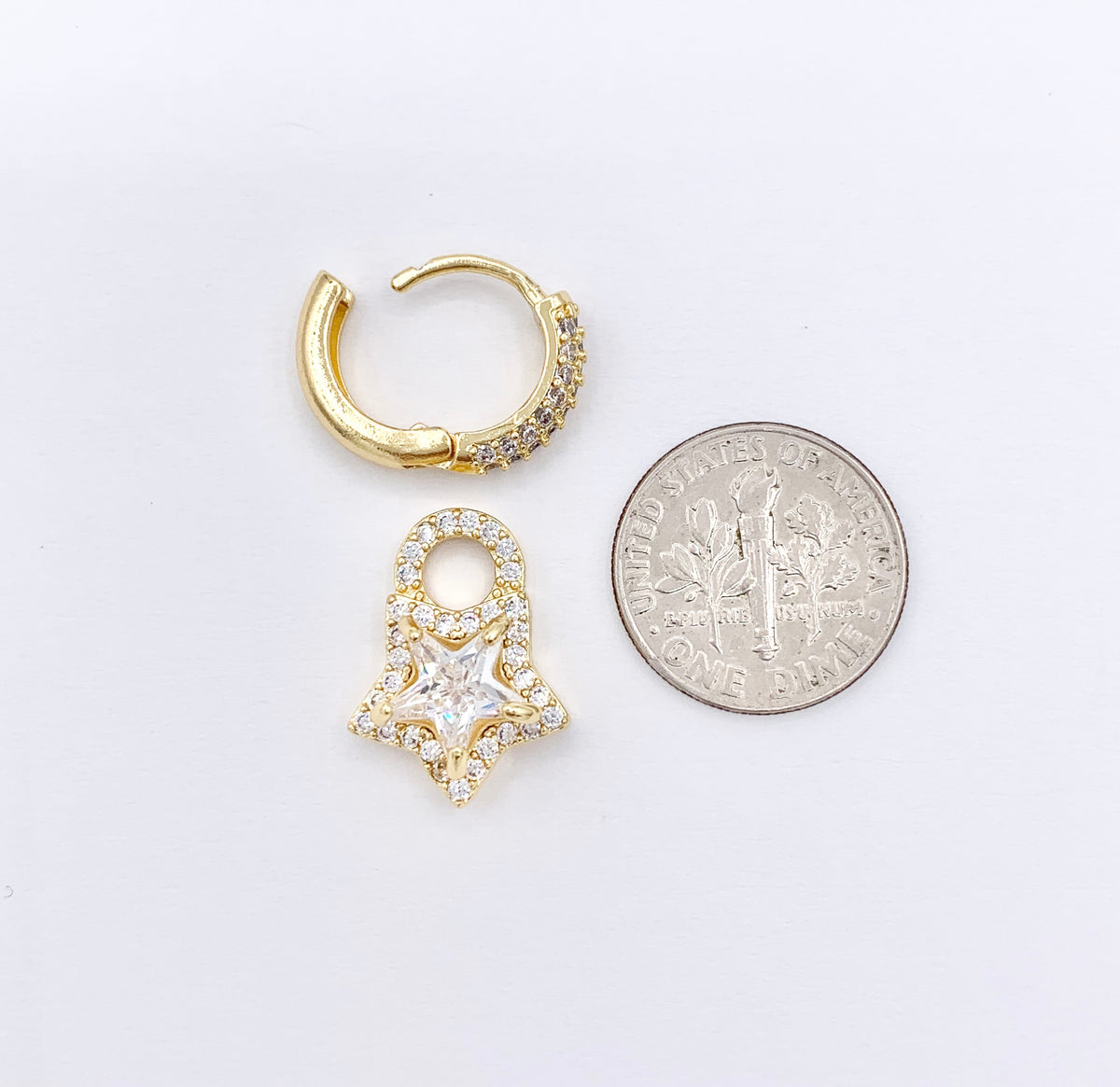 CZ Pave Earring Huggies with Dangle Star Pendant in 18K Gold Plated Copper 3 PAIRS