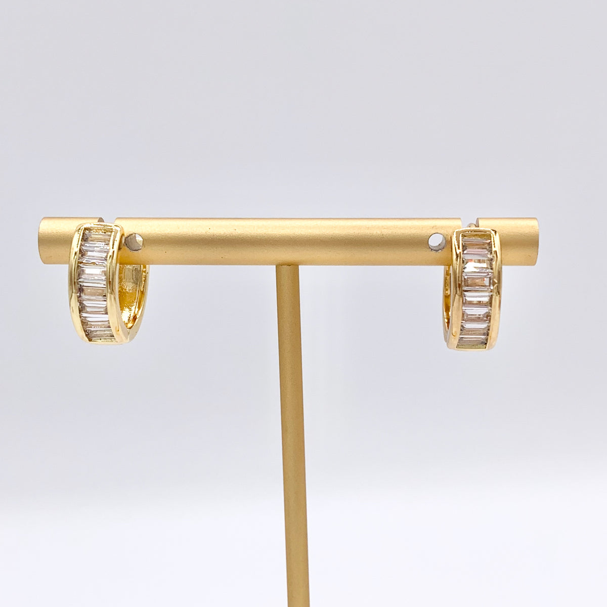 Dainty Baguette Earring Hoop Huggies in CZ Pave Real Gold 18K Over Copper