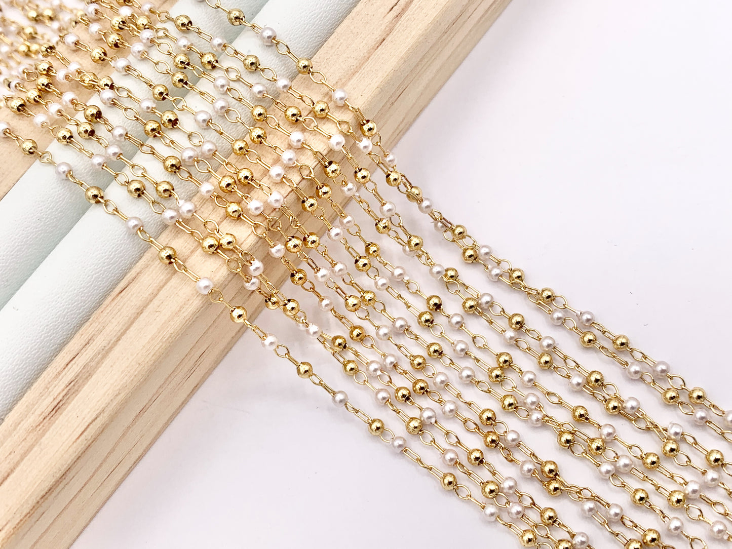 Tiny Dainty White Imitation Pearl With Gold Beads Chain in Real Gold 18K Plated Copper By Spool For Jewelry Making/Designs