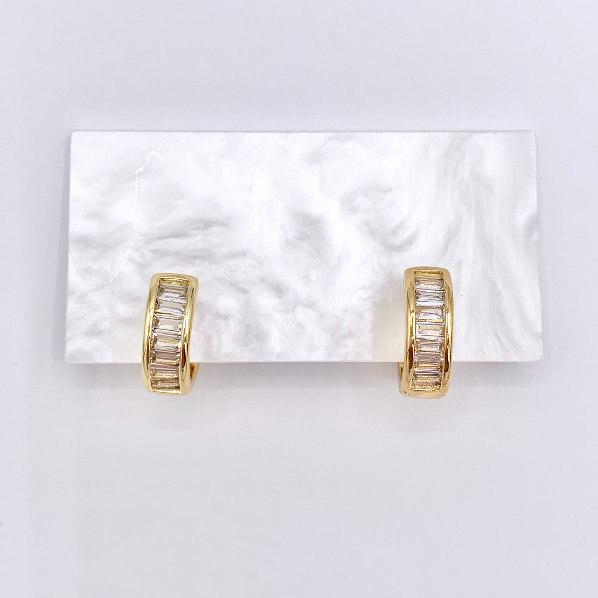 Dainty Baguette Earring Hoop Huggies in CZ Pave Real Gold 18K Over Copper
