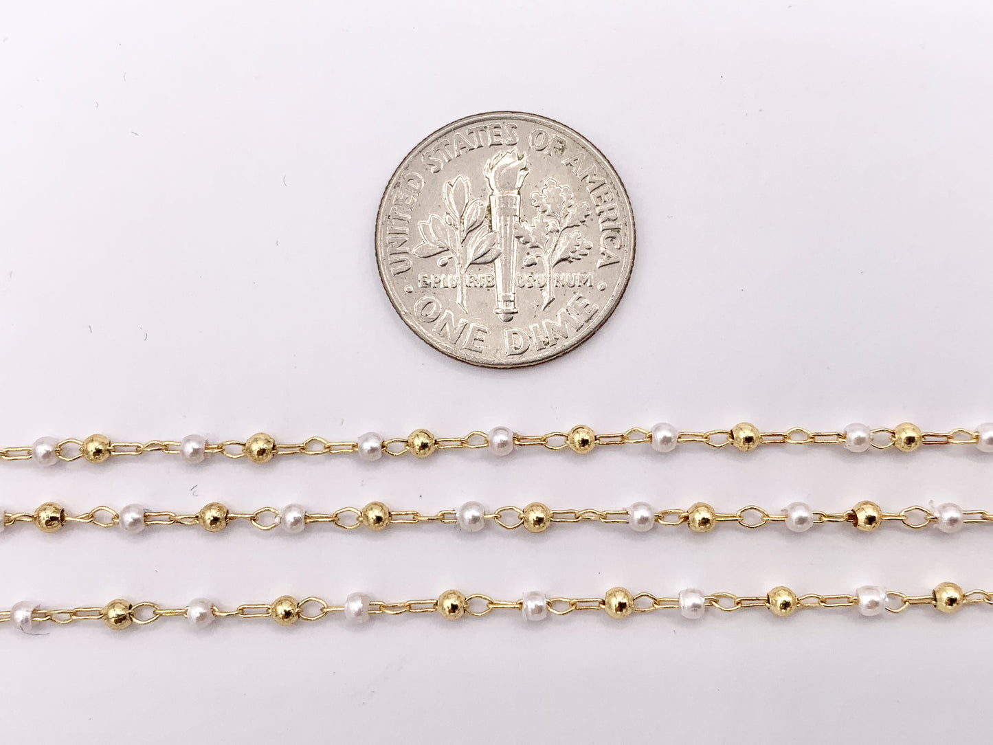 Tiny Dainty White Imitation Pearl With Gold Beads Chain in Real Gold 18K Plated Copper By Spool For Jewelry Making/Designs