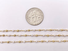 Load image into Gallery viewer, Tiny Dainty White Imitation Pearl With Gold Beads Chain in Real Gold 18K Plated Copper By Spool For Jewelry Making/Designs
