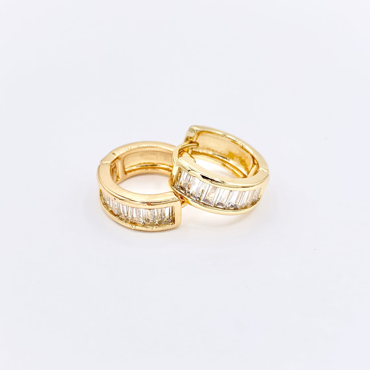 Dainty Baguette Earring Hoop Huggies in CZ Pave Real Gold 18K Over Copper