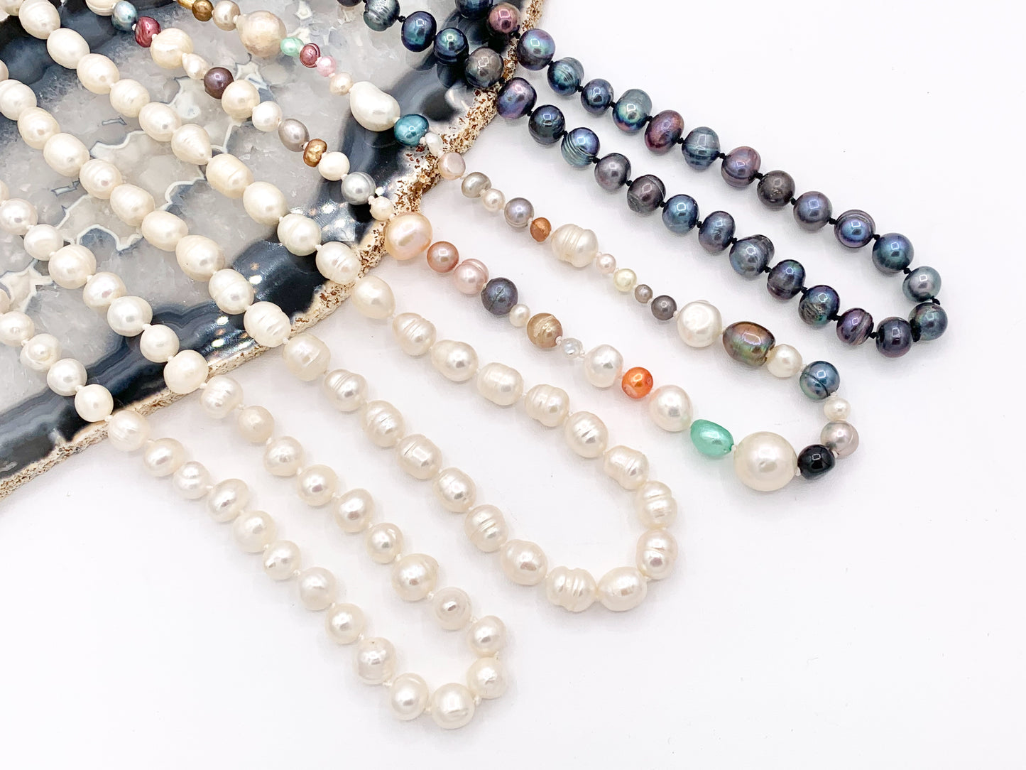 46" & 64" Handmade Freshwater Pearl Knotted Necklace  White Pearl, Potato Pearl, Multicolor Pearl, Metallic Purple Pearl Beaded Necklace
