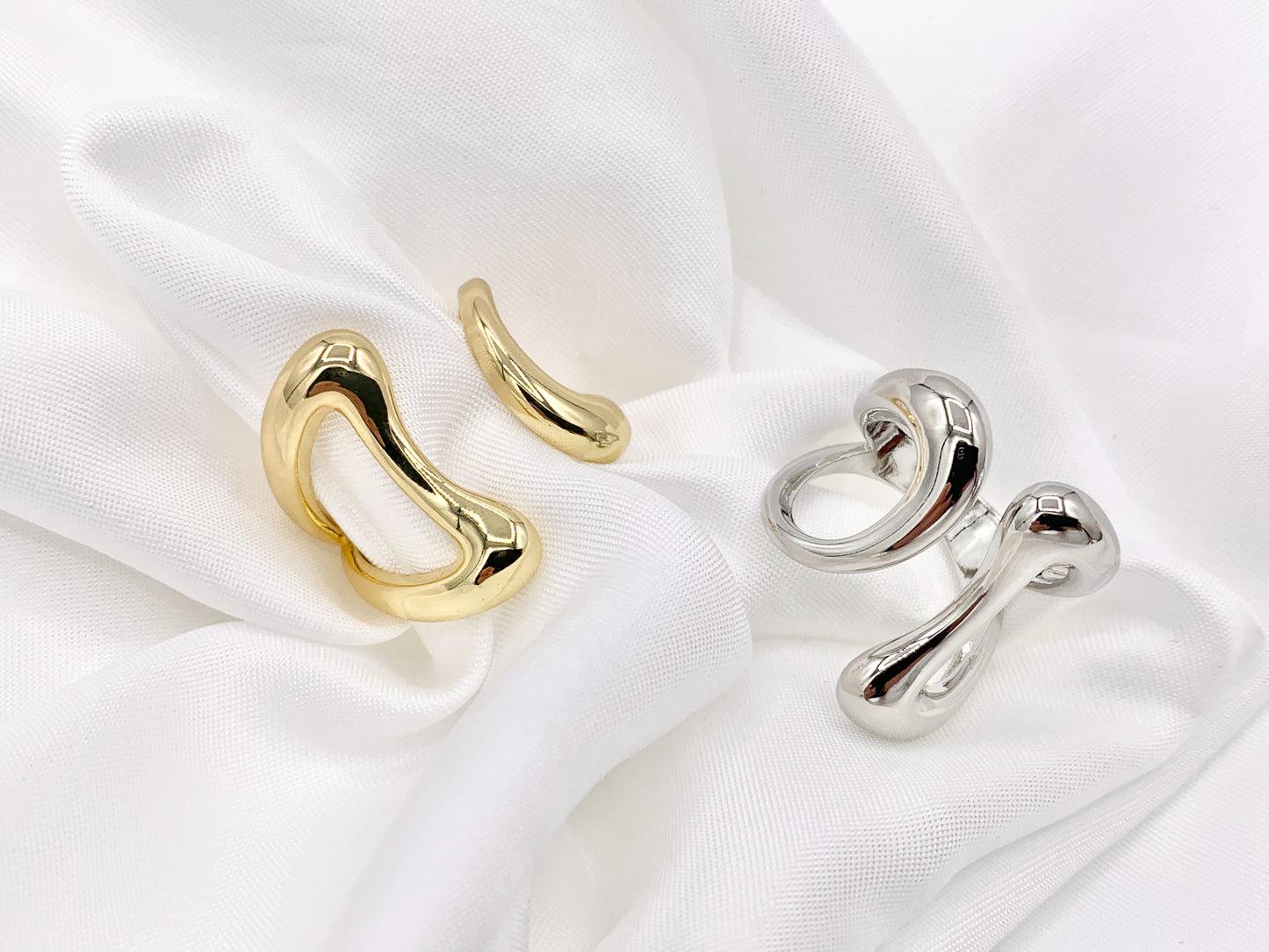 Front Open Chunky Geometric Curved Ring in Real Gold/Silver 18K Plated Copper Adjustable Ring 4 PCS