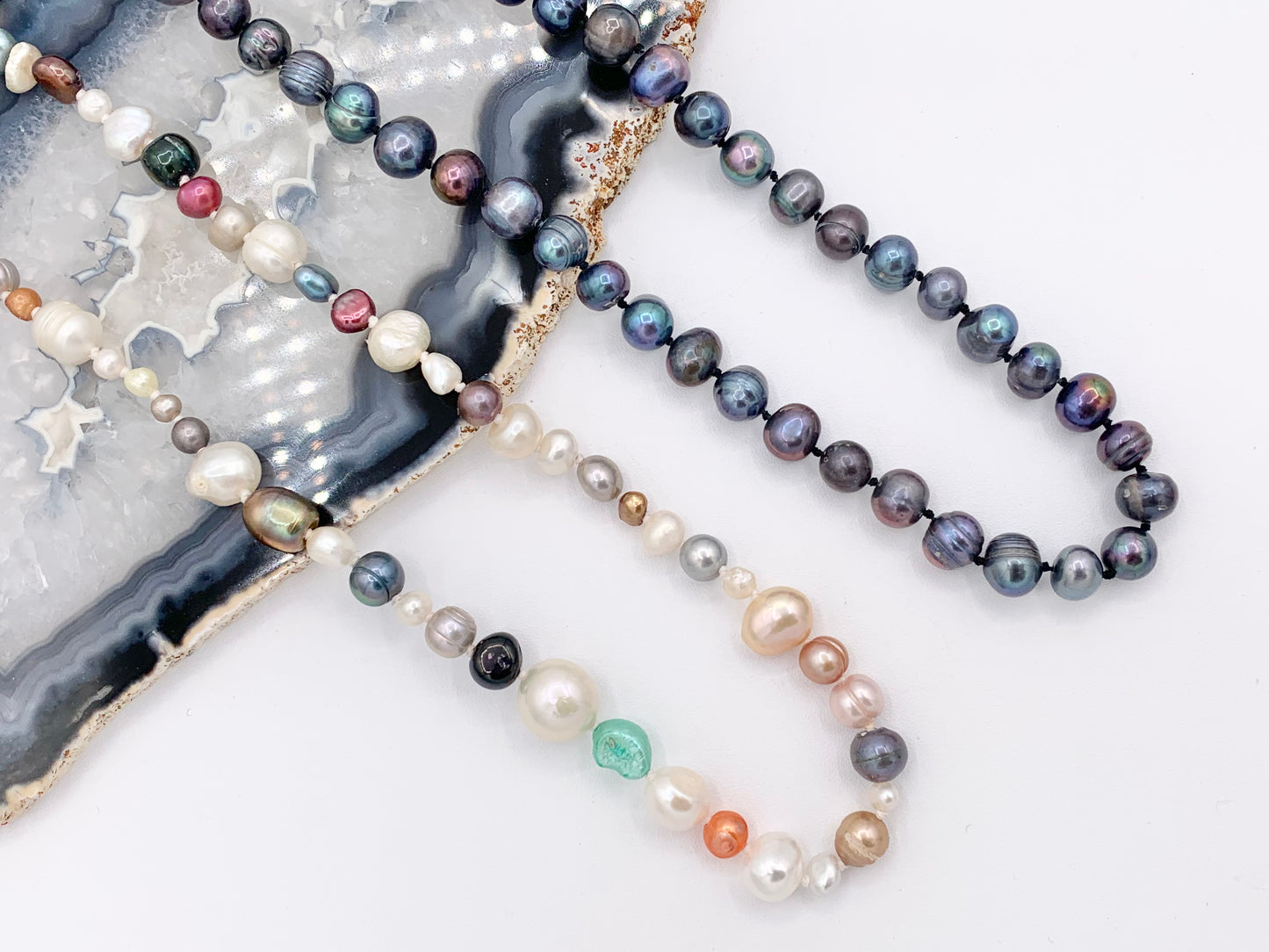 46" & 64" Handmade Freshwater Pearl Knotted Necklace  White Pearl, Potato Pearl, Multicolor Pearl, Metallic Purple Pearl Beaded Necklace