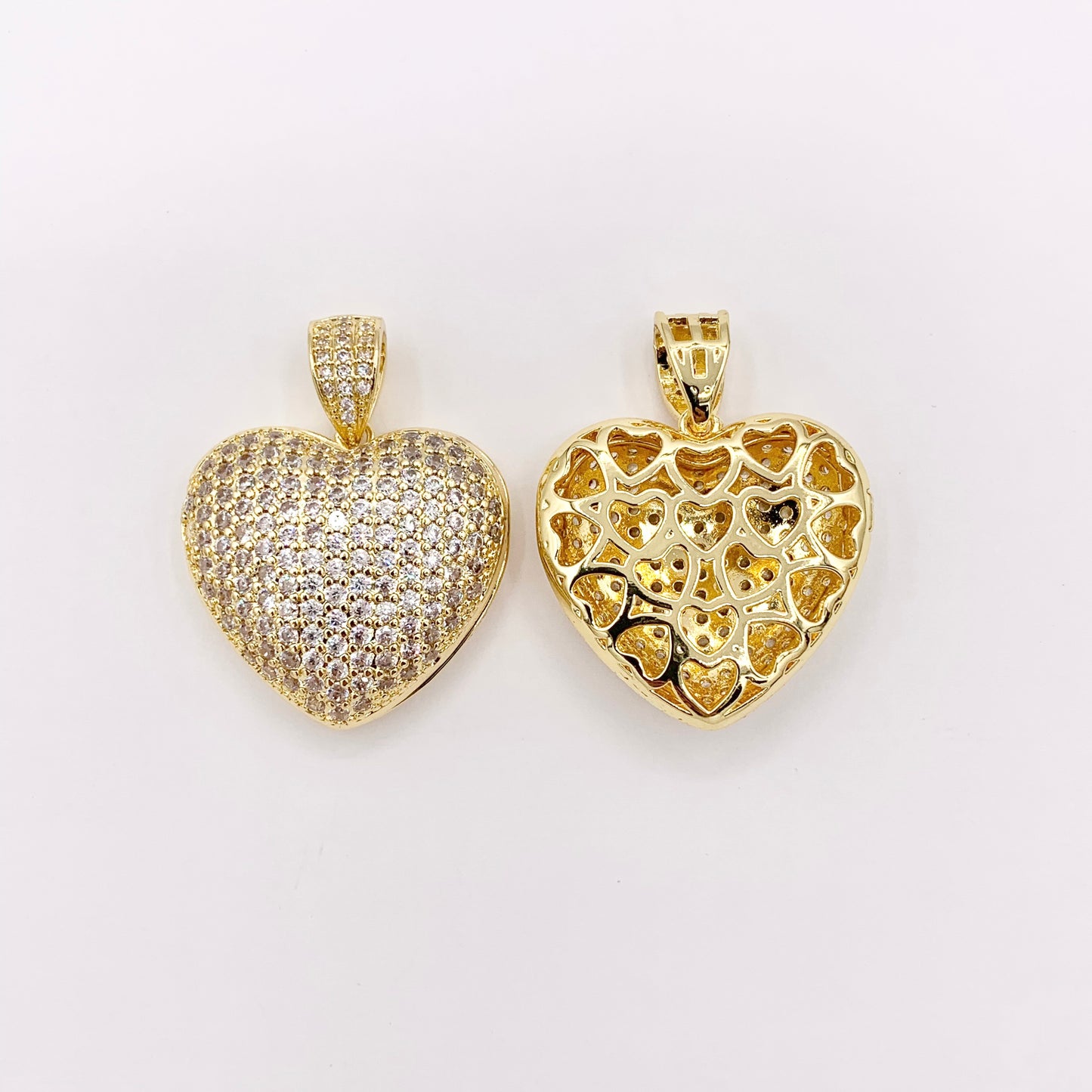 Large Puffy Hearts Pendant CZ Pave Charms Real 18K Gold Plated Copper 3 PCS