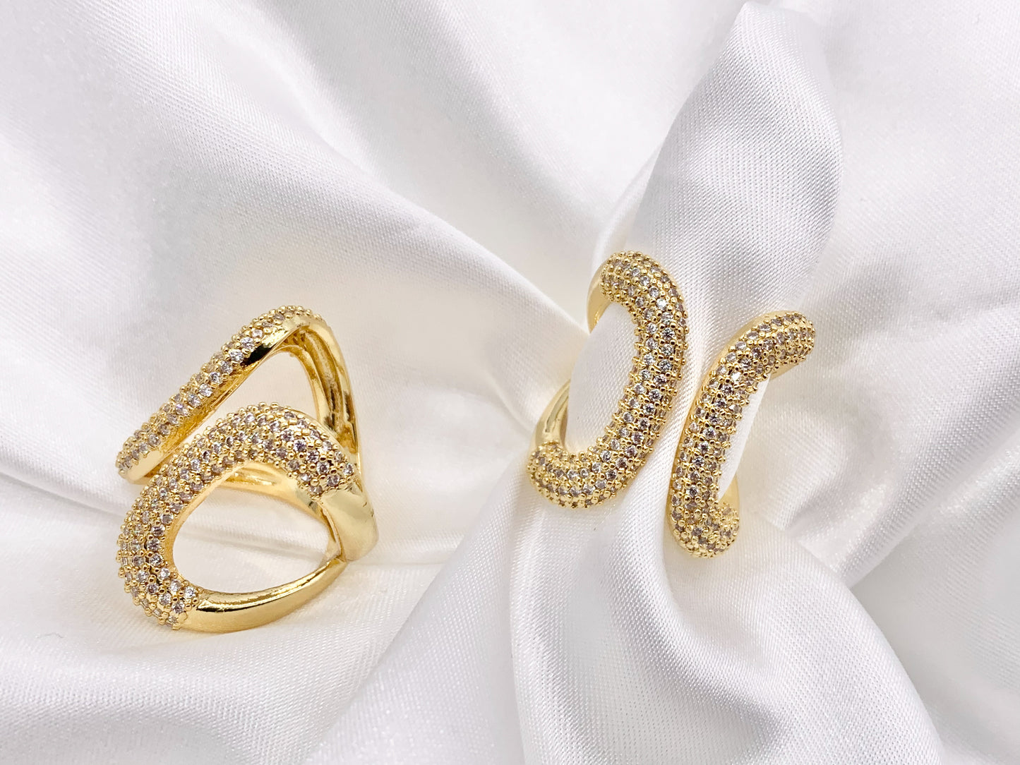 CZ Pave Front Open Chunky Geometric Ring in Real Gold 18K Plated Copper Adjustable Ring 3 PCS