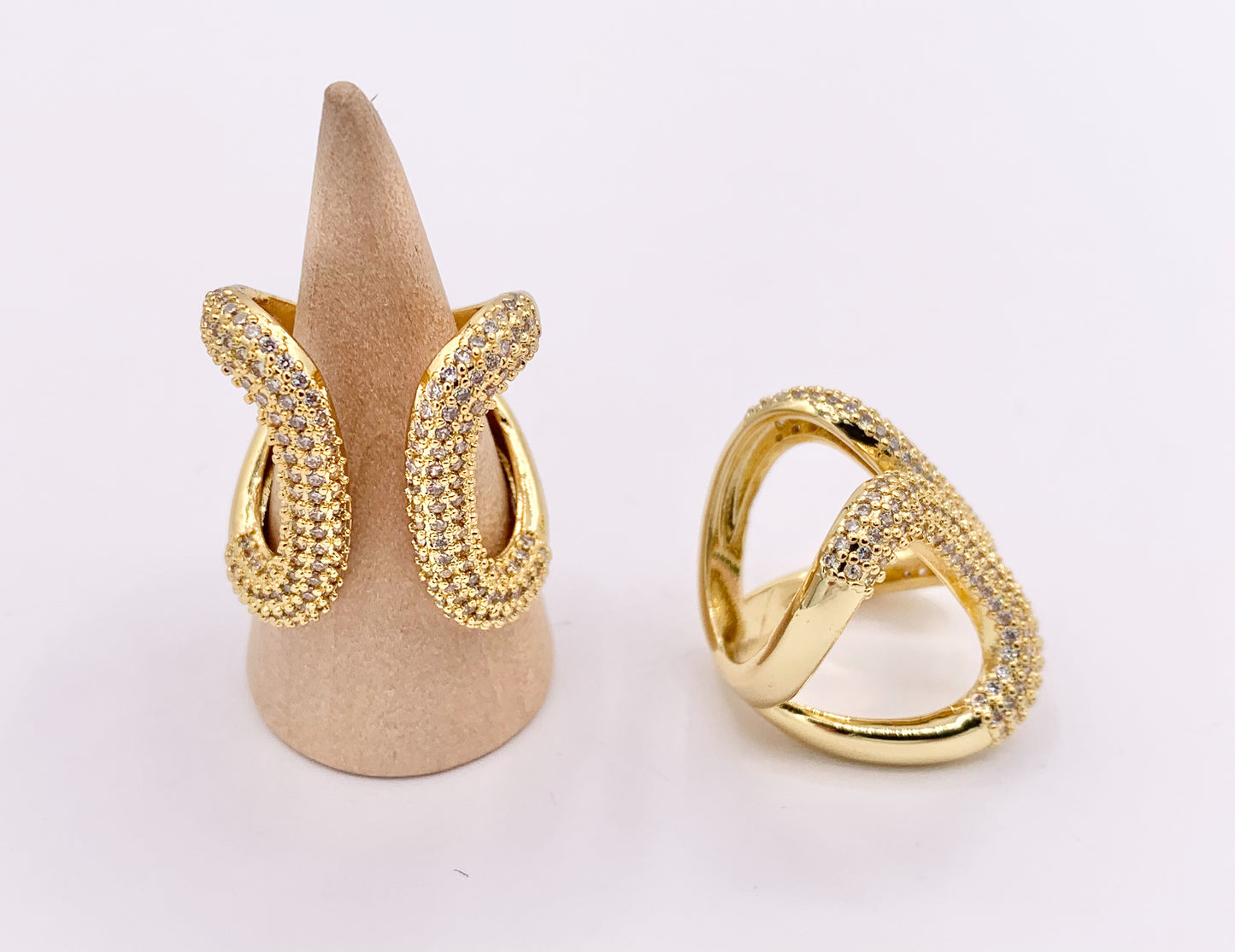 CZ Pave Front Open Chunky Geometric Ring in Real Gold 18K Plated Copper Adjustable Ring 3 PCS