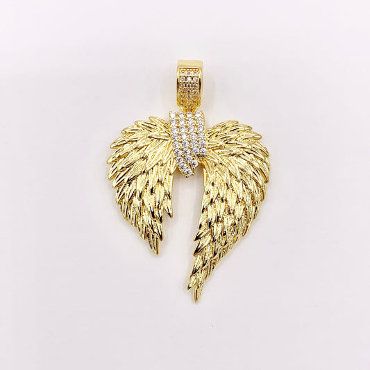 Large Angel's Wing Pendant Religious Charms CZ Pave in 18K Gold plated over Copper 3 PCS