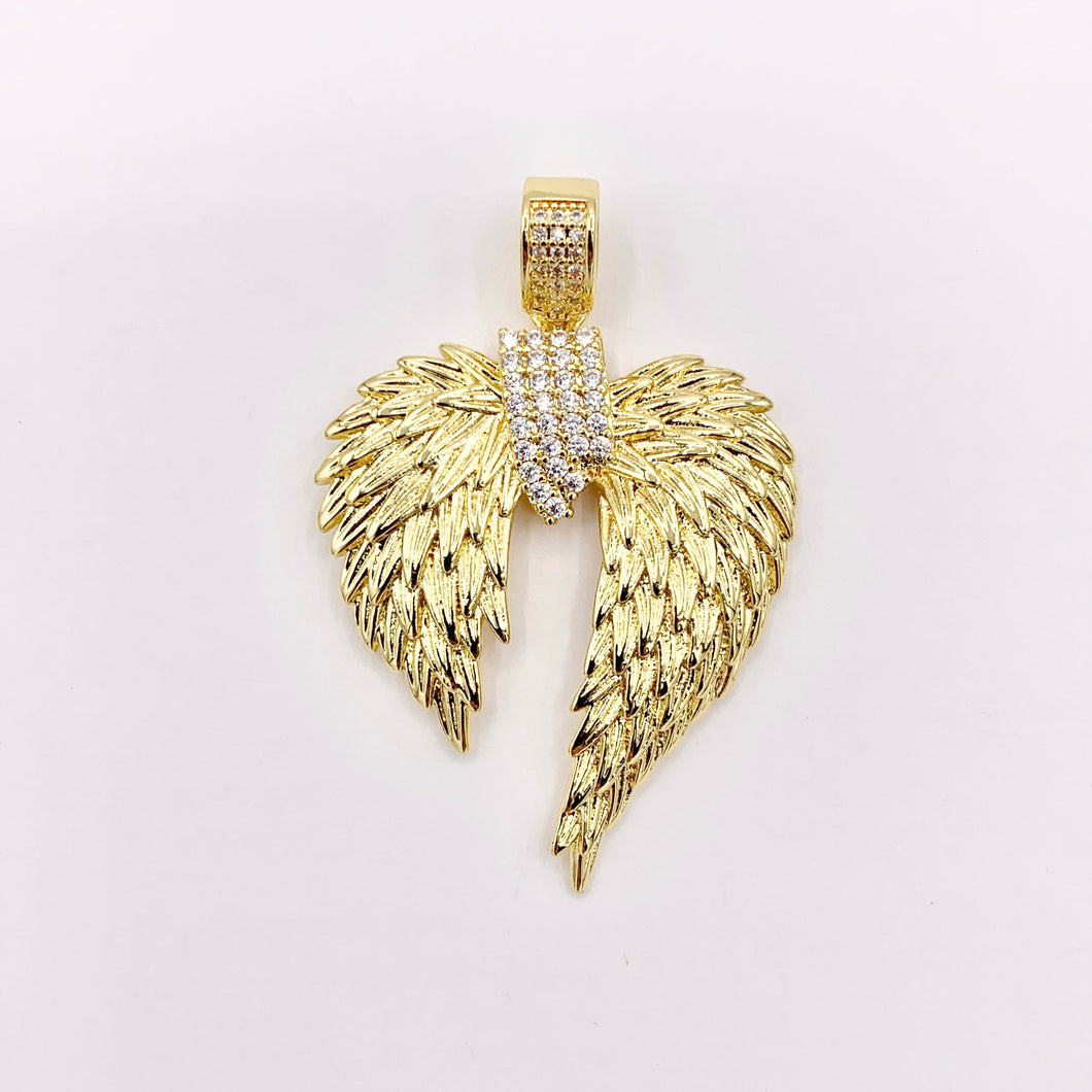 Large Angel's Wing Pendant Religious Charms CZ Pave in 18K Gold plated over Copper 3 PCS