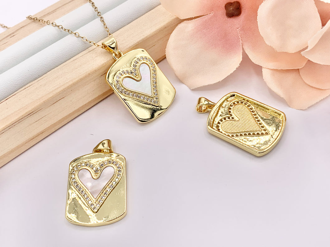 Mother of Pearl Heart Pendant CZ Pave Valentine's Day Tag Charm in Real Gold 18K Plated Over Brass 4 PCS