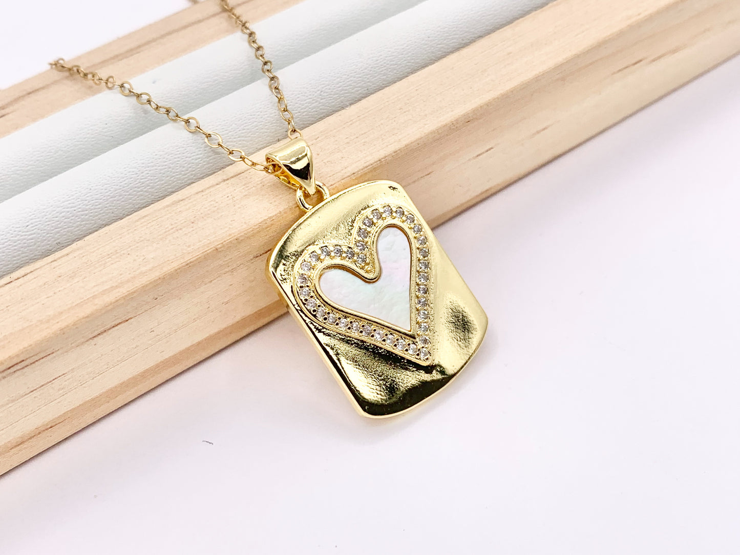 Mother of Pearl Heart Pendant CZ Pave Valentine's Day Tag Charm in Real Gold 18K Plated Over Brass 4 PCS