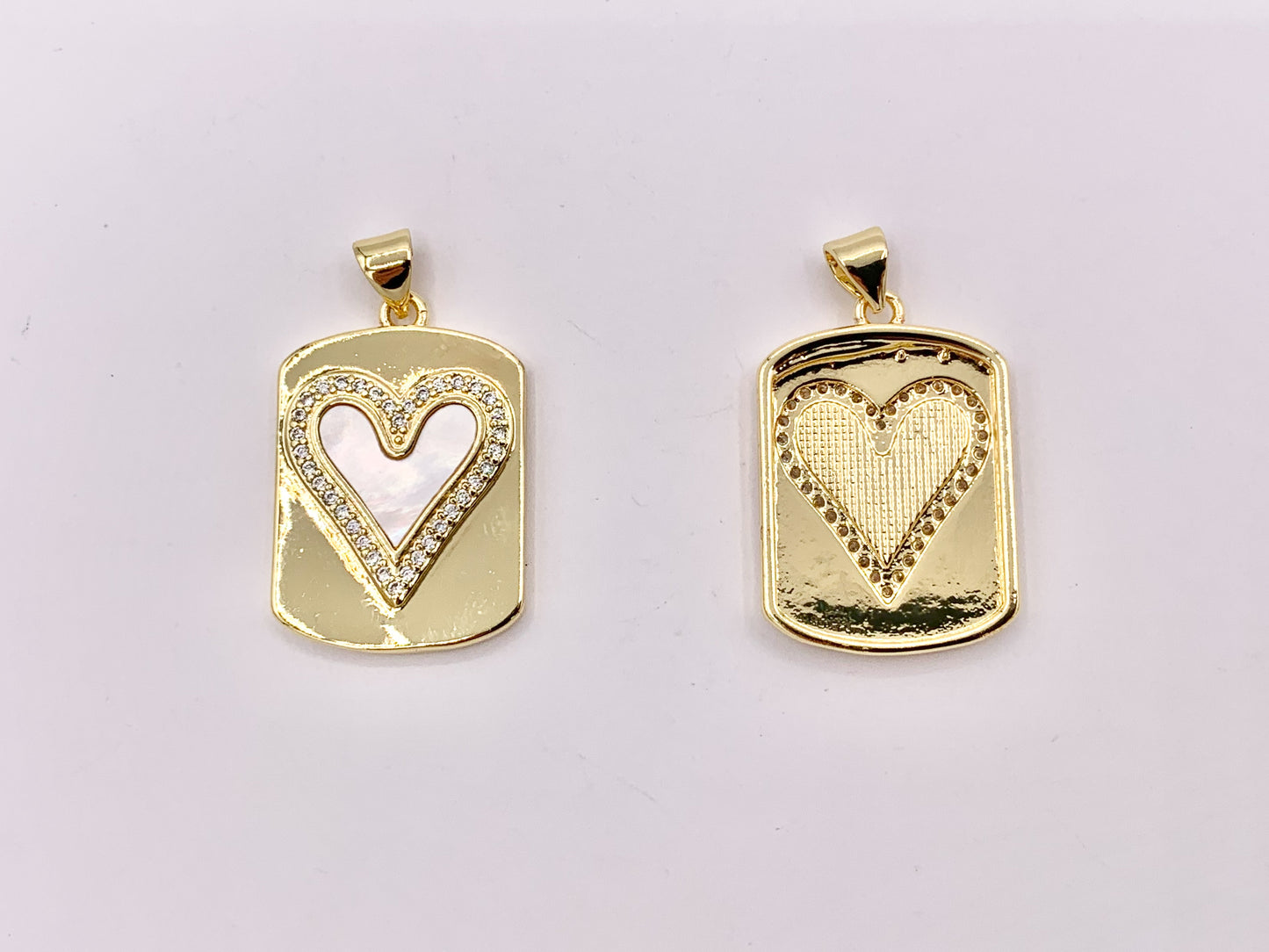 Mother of Pearl Heart Pendant CZ Pave Valentine's Day Tag Charm in Real Gold 18K Plated Over Brass 4 PCS