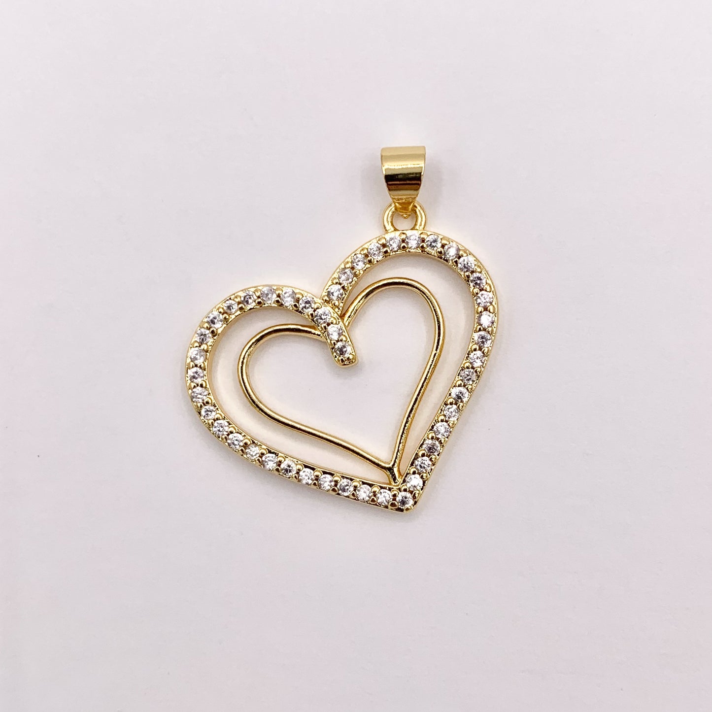 Hollow Rhinestone Heart Charm Center Cut Out Pendants in CZ Pave 18K Gold Plated Copper 6 PCS