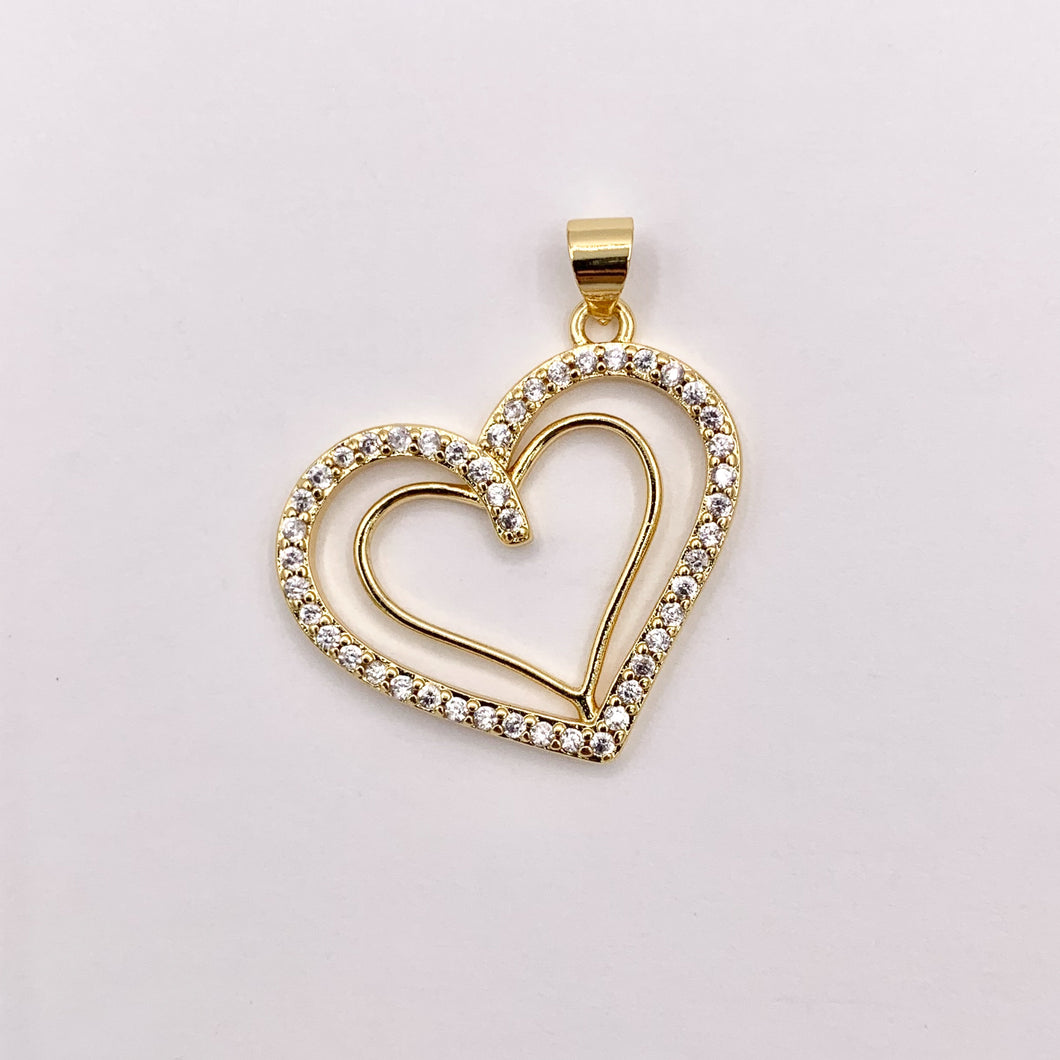 Hollow Rhinestone Heart Charm Center Cut Out Pendants in CZ Pave 18K Gold Plated Copper 6 PCS