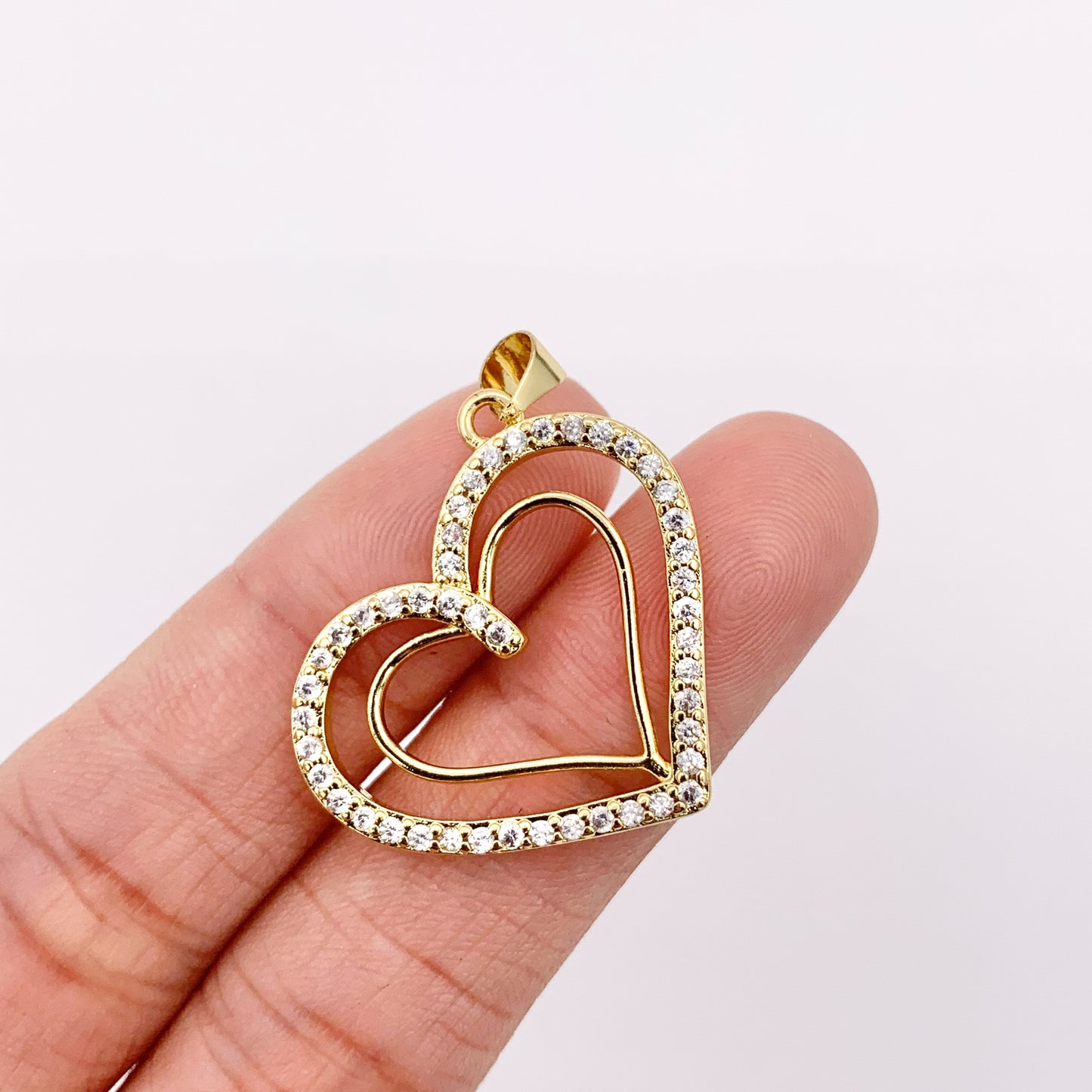 Hollow Rhinestone Heart Charm Center Cut Out Pendants in CZ Pave 18K Gold Plated Copper 6 PCS