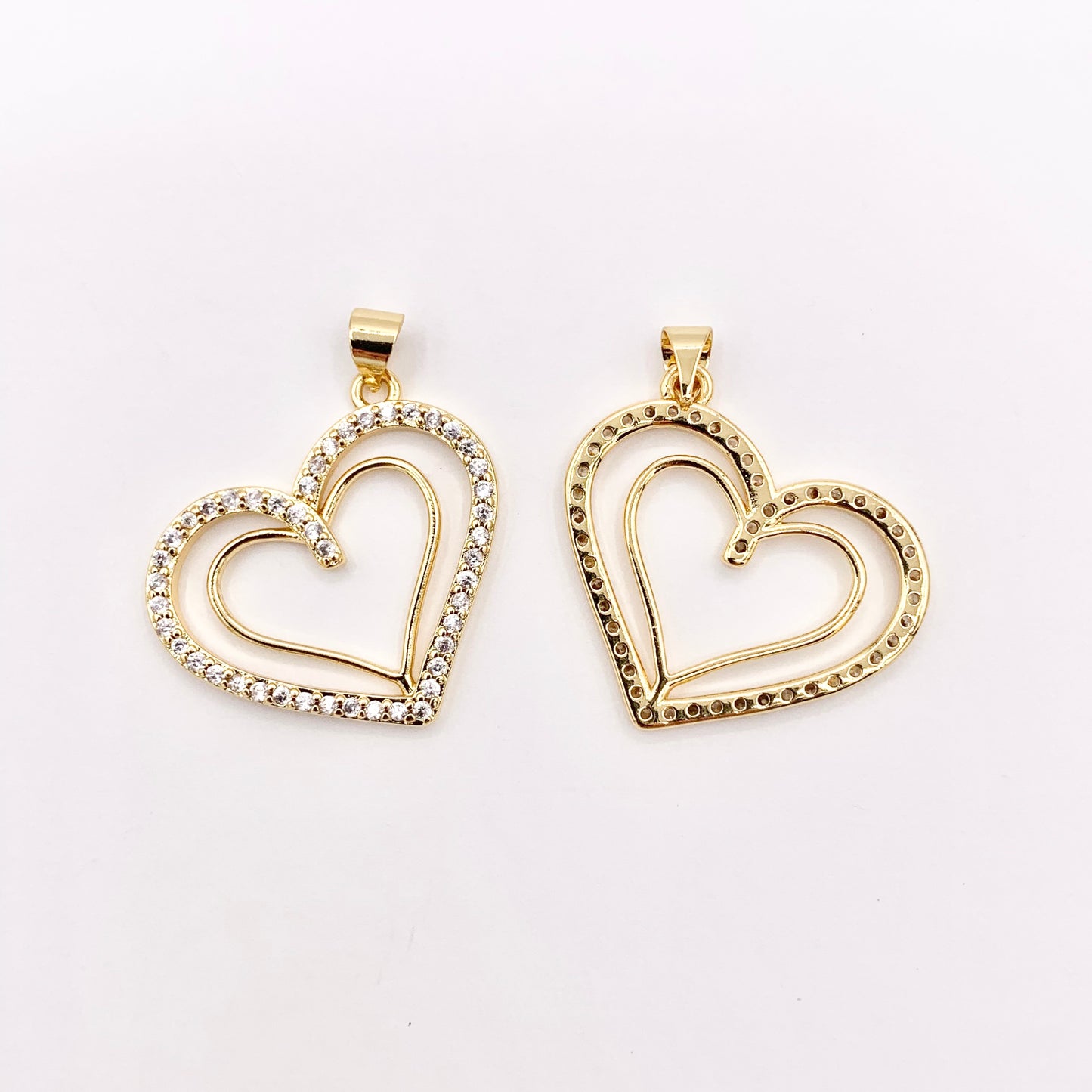 Hollow Rhinestone Heart Charm Center Cut Out Pendants in CZ Pave 18K Gold Plated Copper 6 PCS