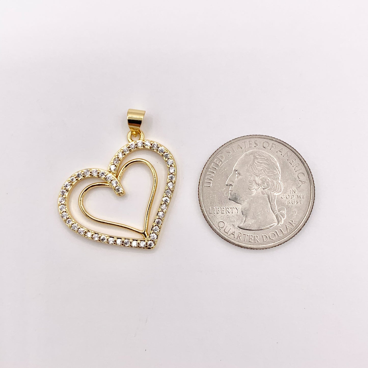 Hollow Rhinestone Heart Charm Center Cut Out Pendants in CZ Pave 18K Gold Plated Copper 6 PCS
