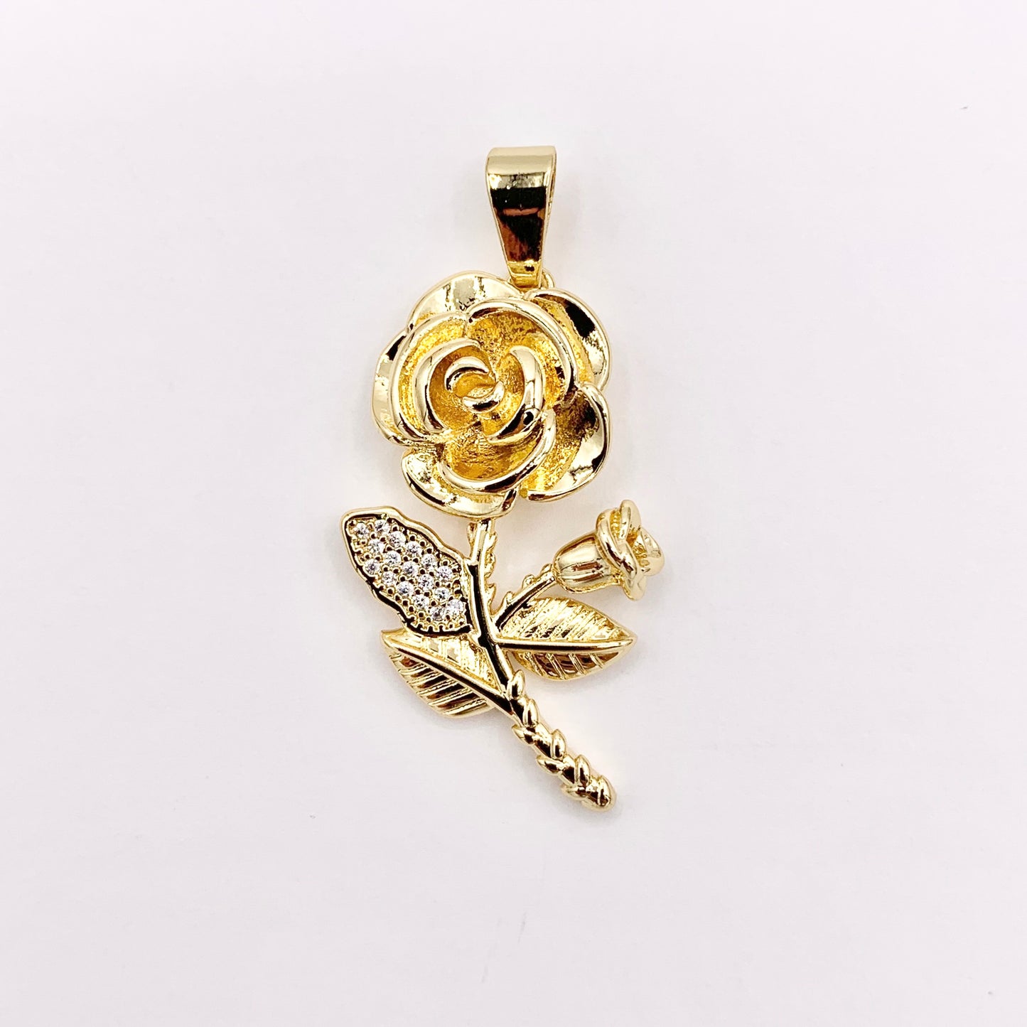 1.5" Rose Pendant Real Gold 18K Plated Micro CZ Flower Pave Charm Over Brass 5 PCS
