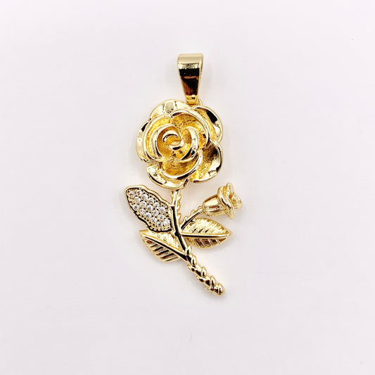 1.5" Rose Pendant Real Gold 18K Plated Micro CZ Flower Pave Charm Over Brass 5 PCS
