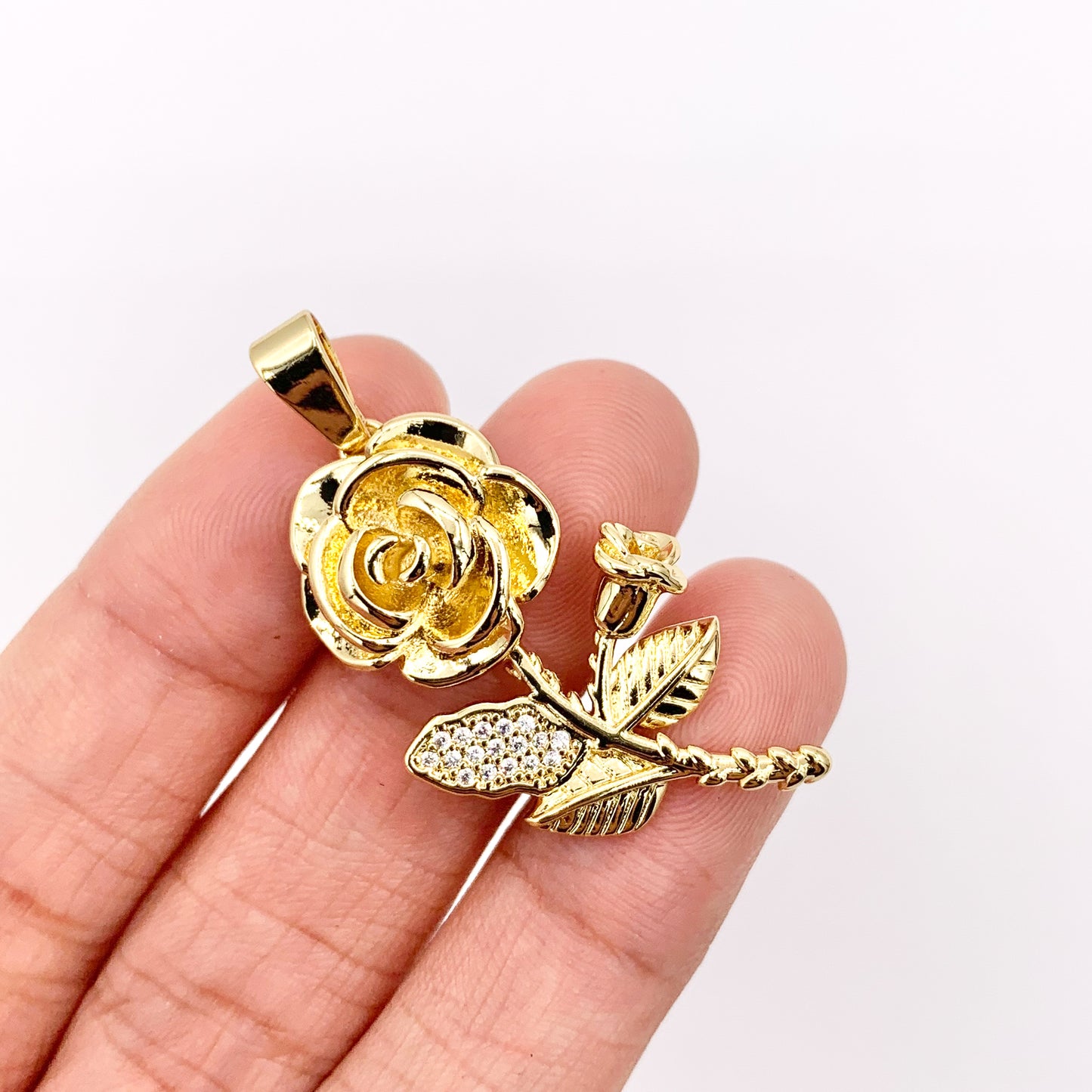 1.5" Rose Pendant Real Gold 18K Plated Micro CZ Flower Pave Charm Over Brass 5 PCS